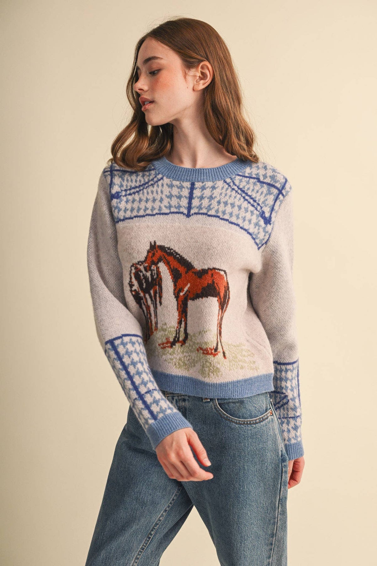 Dusty Blue Horse Motif Houndstooth Knit Sweater