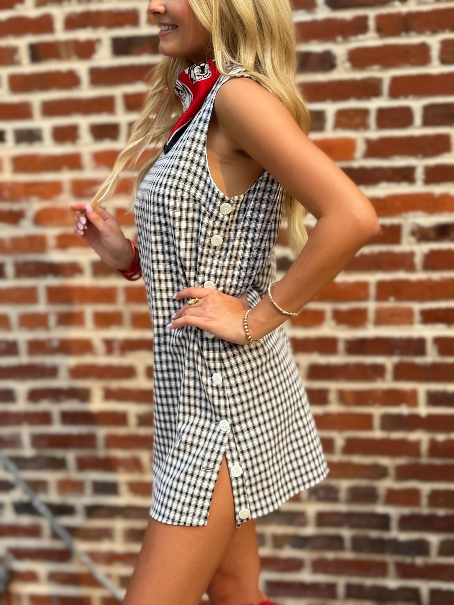 Black & White Plaid Side Button Mini Dress – Sleeveless Summer Dress