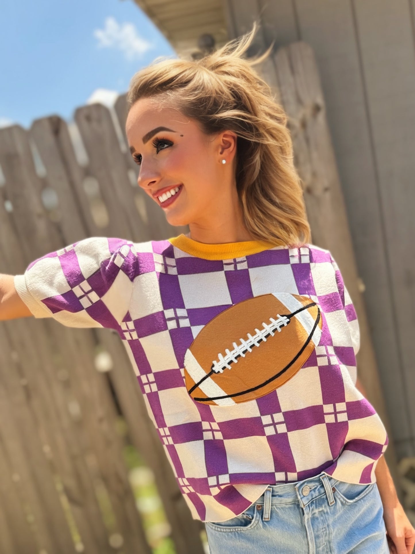 Purple & Gold Checkered Football Patch Game Day Knit Top