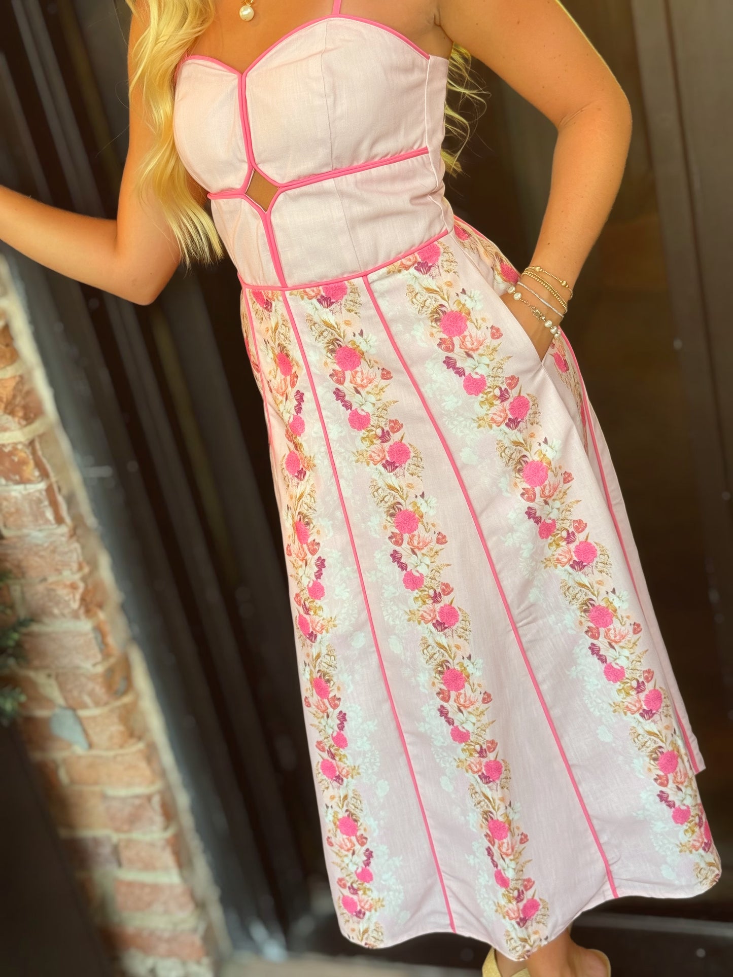 I'm Blushing - Romantic Floral Contrast Piping Cutout Midi Dress