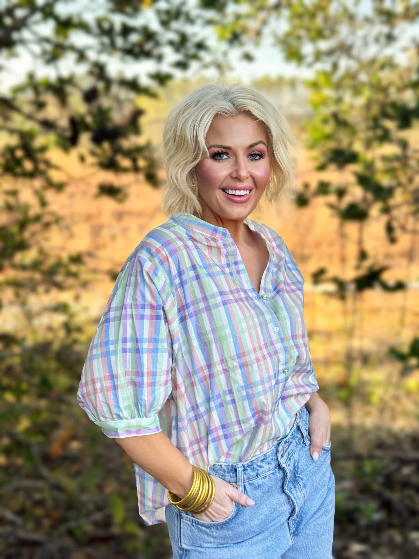 Sunday Best Plaid V-Neck Half Puff Sleeve Blouse