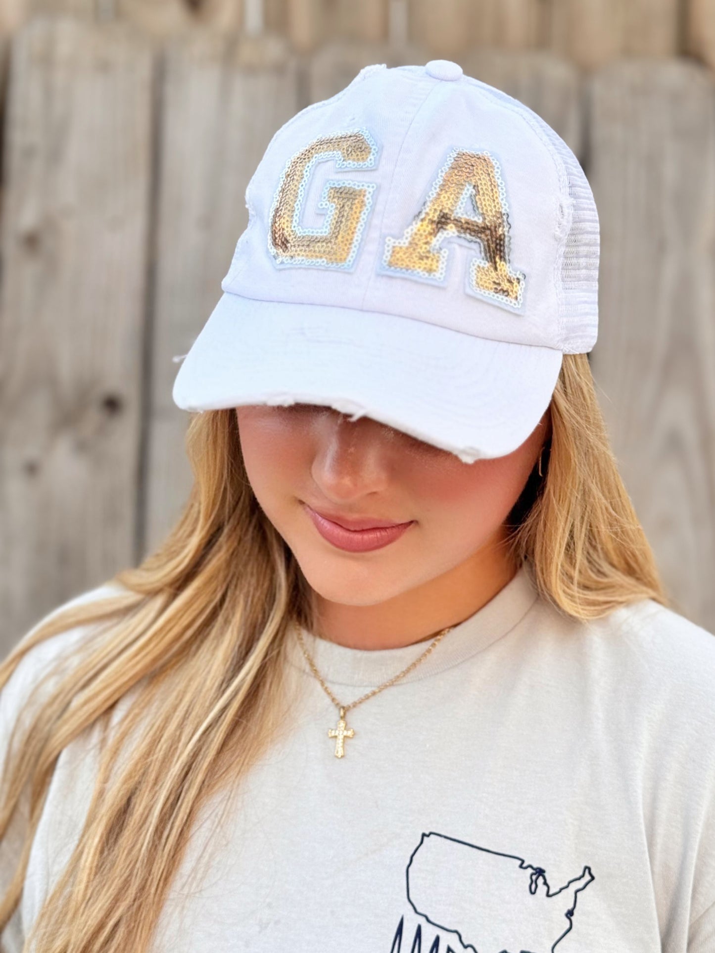 Judith March White & Gold Sequin State Hat