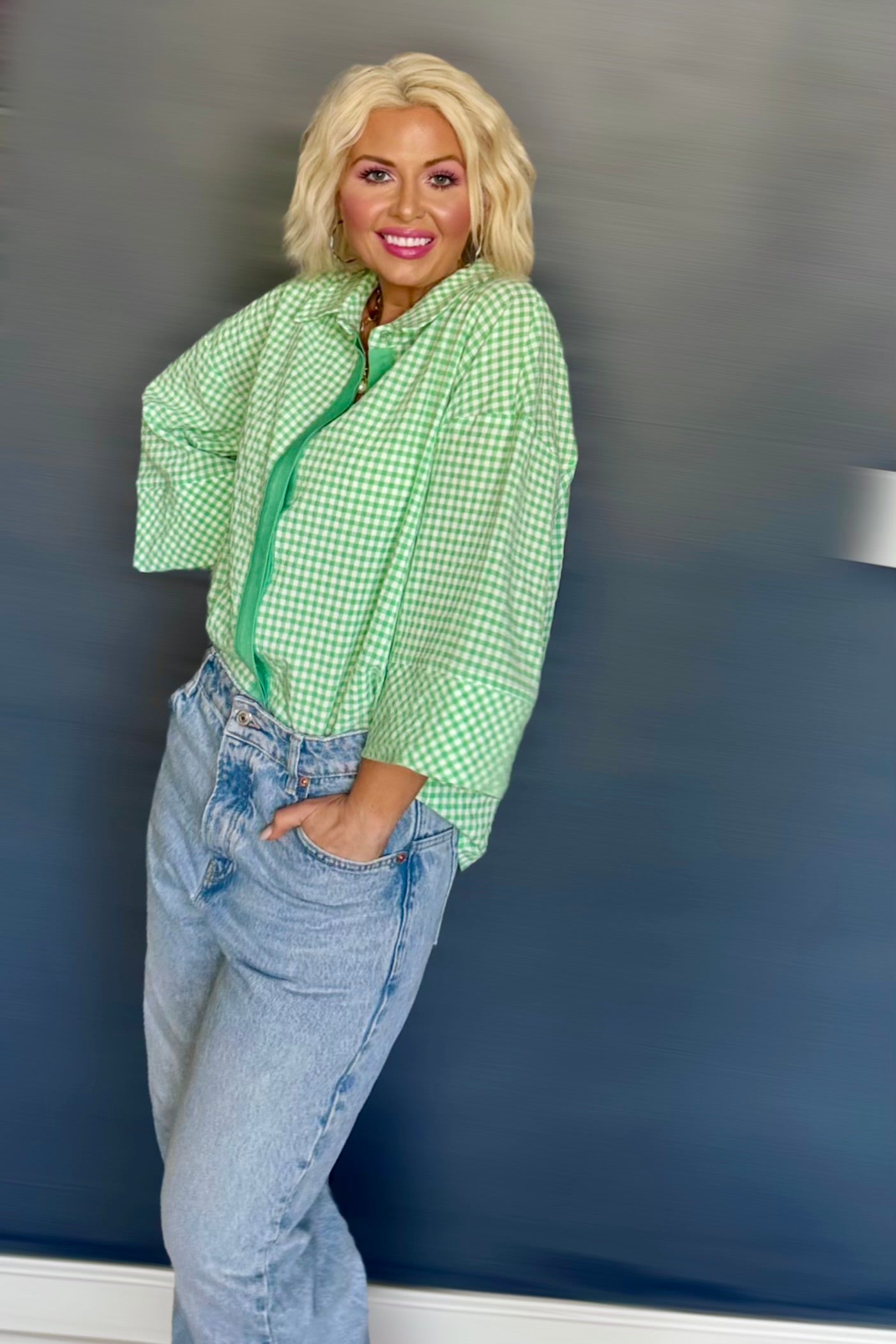Gingham & Grace Kelly Green Relaxed 3/4 Sleeve Button-Down Top