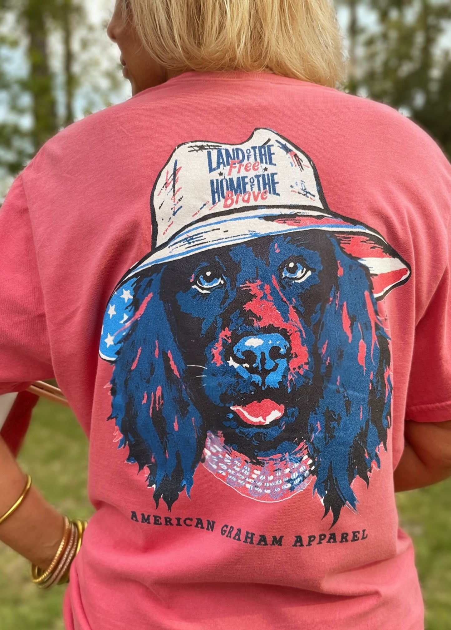 Land of the Free Dog Patriotic Graphic T-Shirt | American Graham Apparel | USA Flag Dog Tee