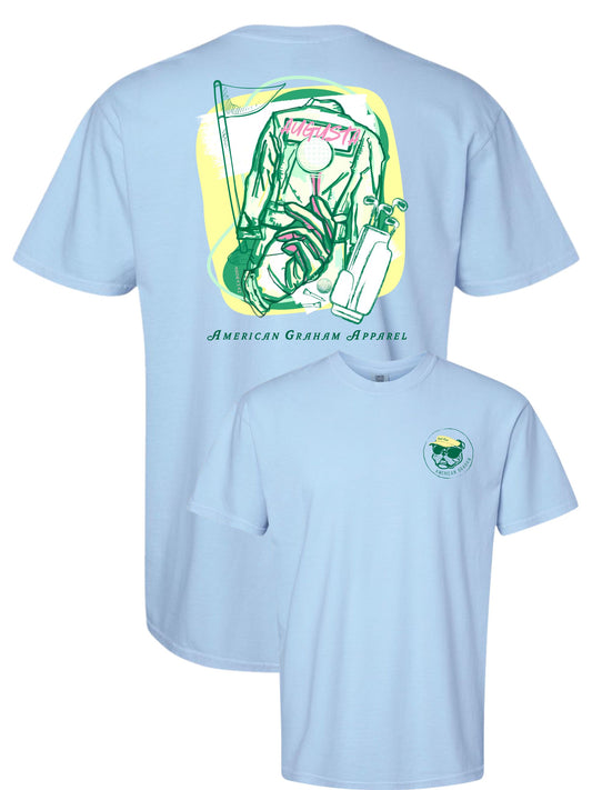 Light blue t-shirt with a graphic of a golfer and club on the back, displayed on a white background.