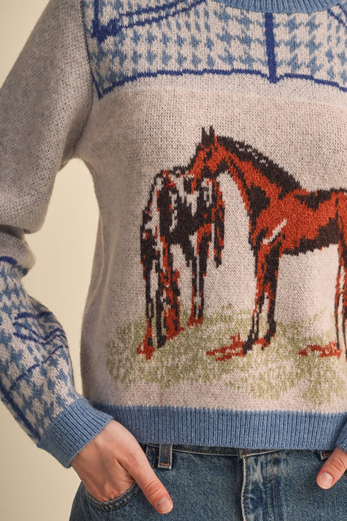 Dusty Blue Horse Motif Houndstooth Knit Sweater