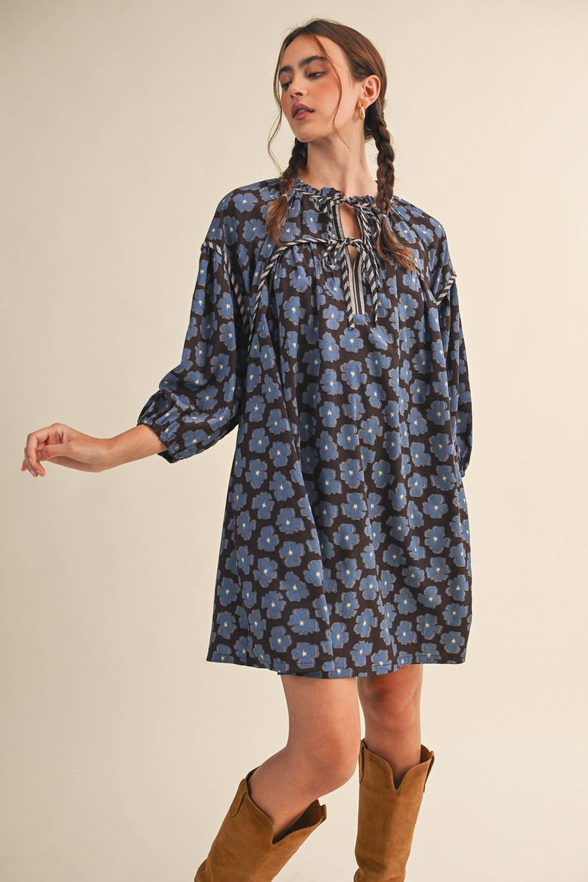 Brown & Blue Floral Tie-Neck Mini Shift Dress