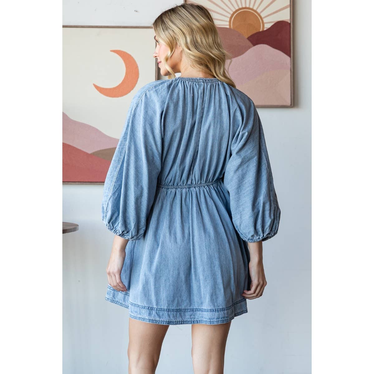 V-neck Puff Sleeve Denim Short Dress: Dark Denim / L