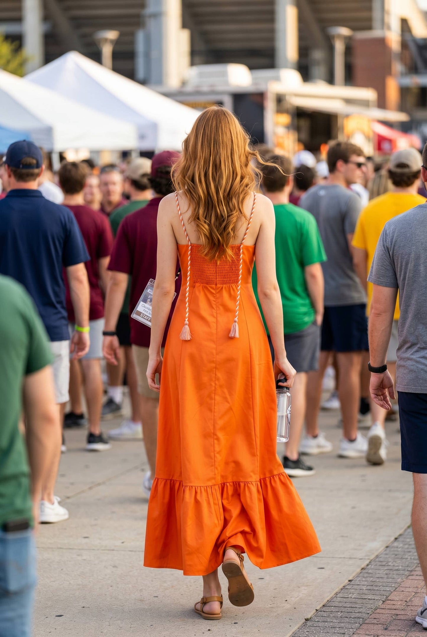 Corset inspired maxi dress with braided shoulder strap: ORANGE / L