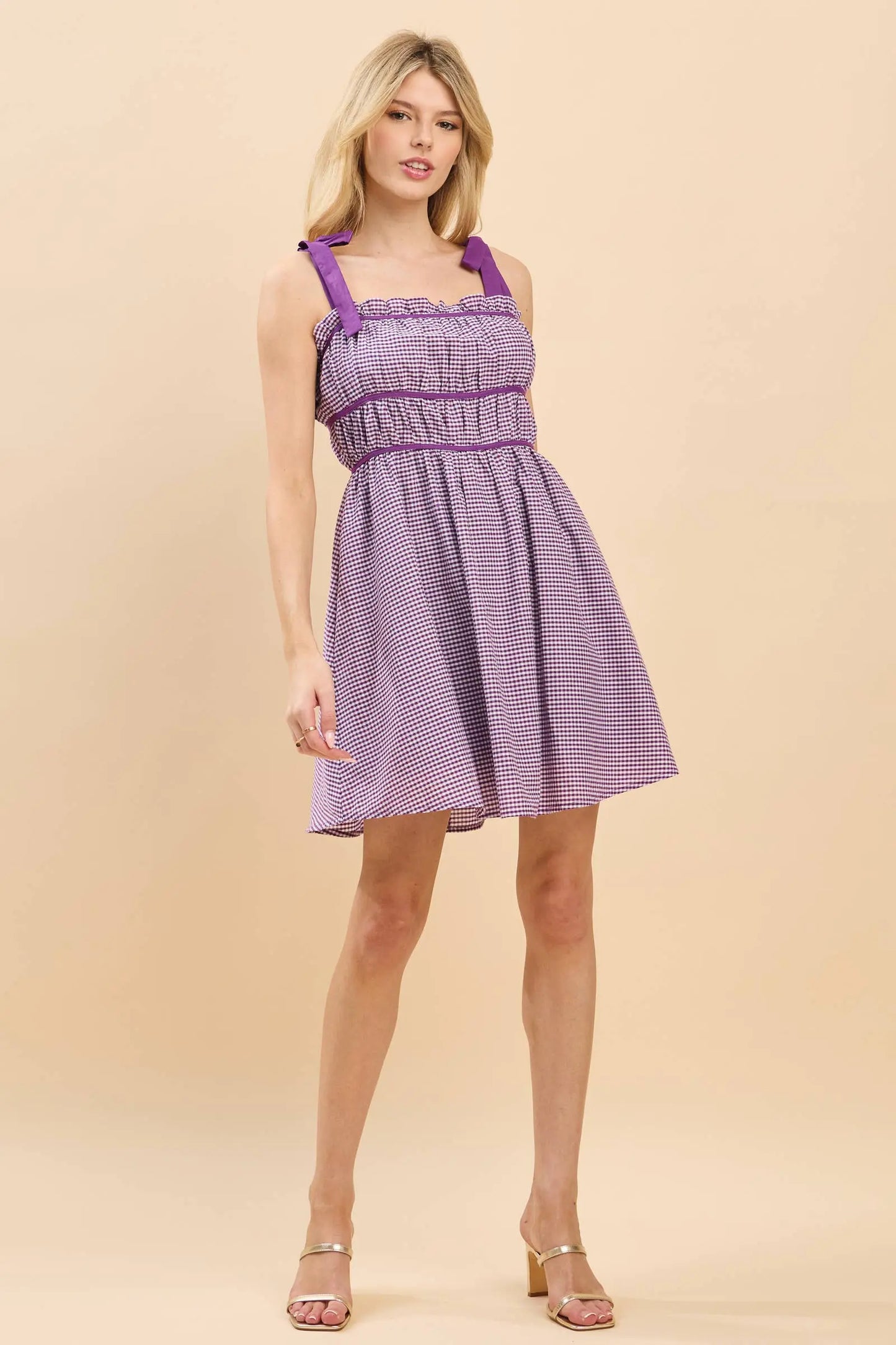 Gameday Cotton plaid print mini dress with binding details : PURPLE / S BABY PINK