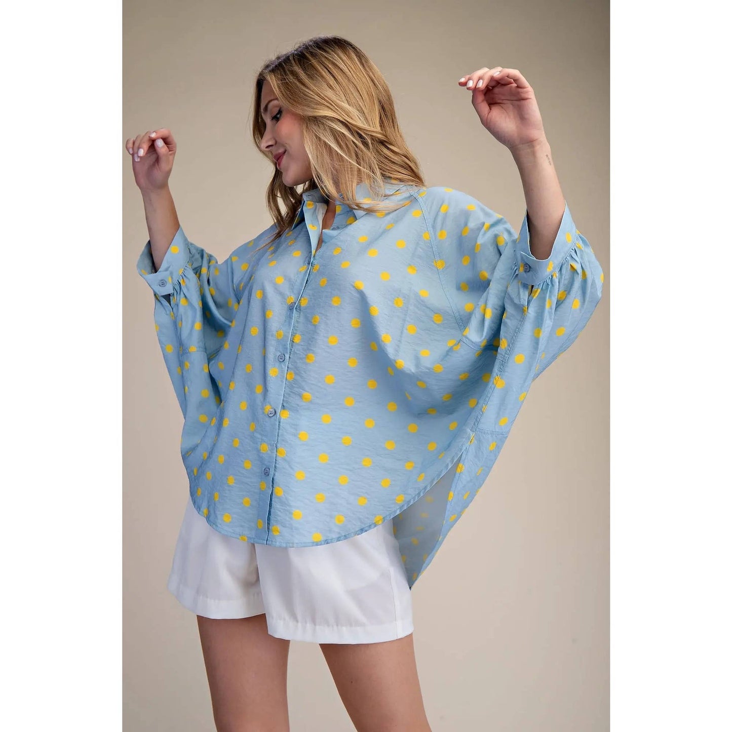 Freshly Picked Pale Blue Oversized Button-Down Polka Dot Blouse