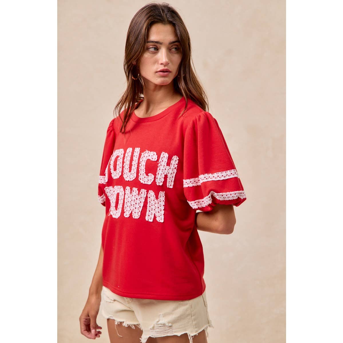 GAMEDAY THEME SLEEVE TOP WITH TOUCH DOWN PATCHWORK: BLUE / L