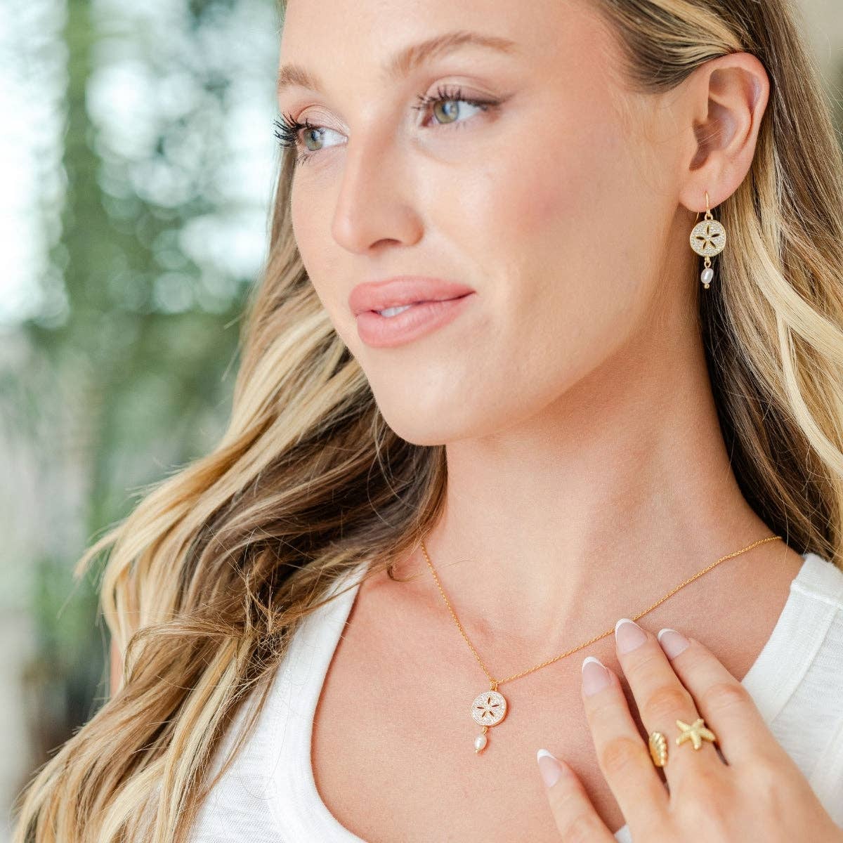 Gold Sand Dollar Pearl Earrings | Coastal Beach Drop Earrings | CZ Pave Shell Earrings | 18K Gold Plated Wedding & Vacation Jewelry