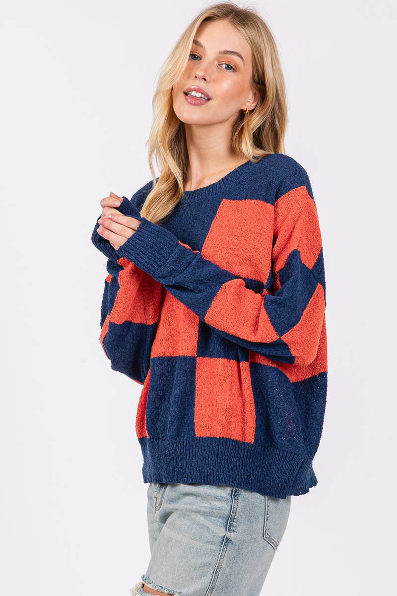 CHECKER SWEATER TOP : PURPLE/YELLOW / L