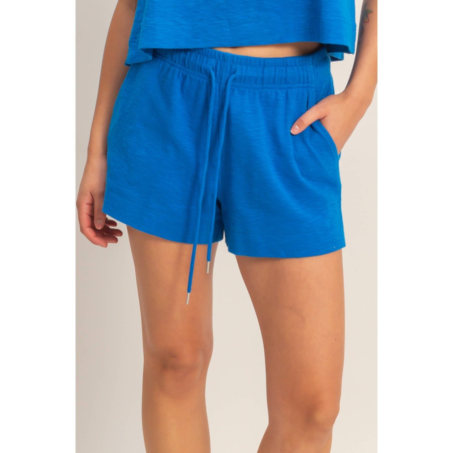 Blue Drawstring Lounge Shorts | Elastic Waist Casual Shorts | Matching Set Bottom