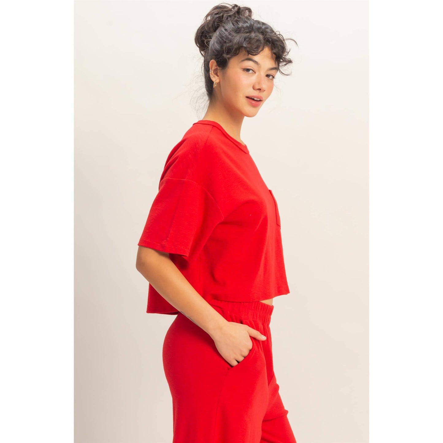 Red Relaxed Crop Tee | Boxy Pocket T-Shirt | Matching Set Top