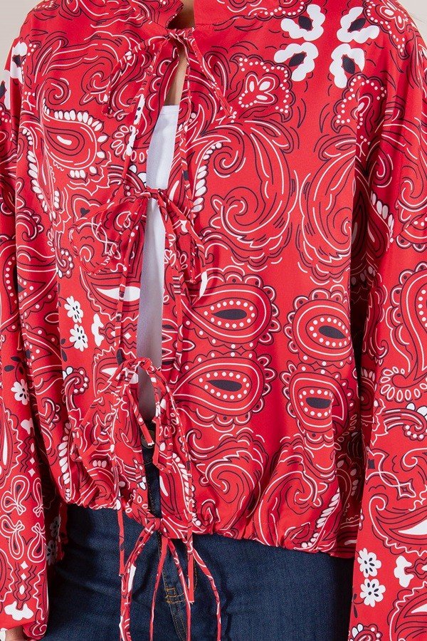 Red Paisley Tie-Front Cropped Jacket