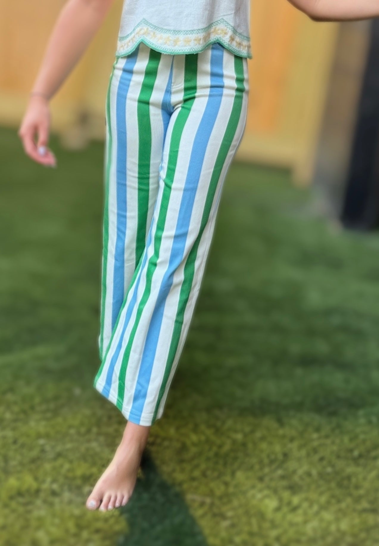 Green & Blue Stripe Straight-Leg Pants | Lightweight Cotton Wide Leg Pants