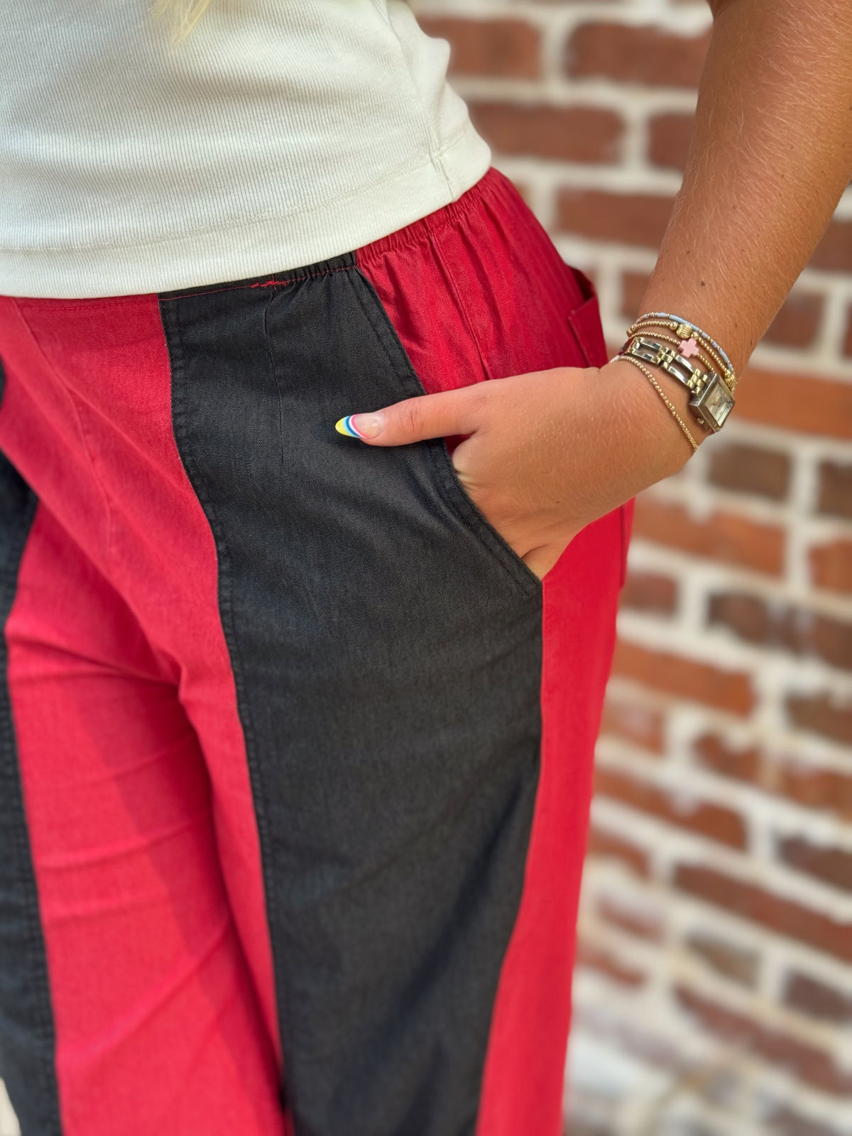 Red and Black Color Block Tulip Pants