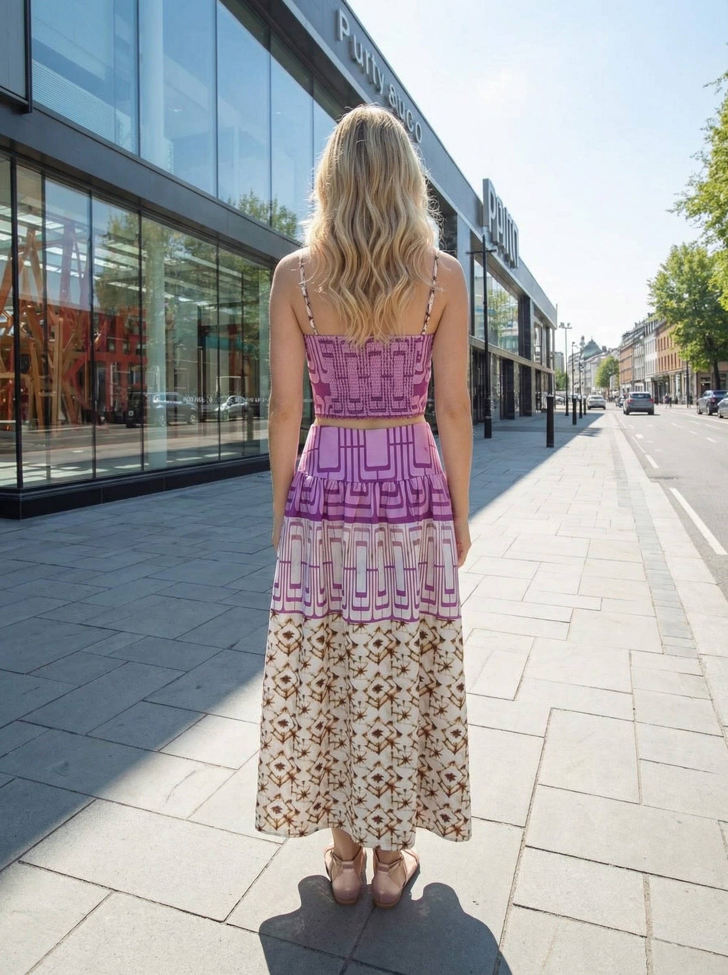 Geometric printed crop top and midi skirt set: RED COMBO / L