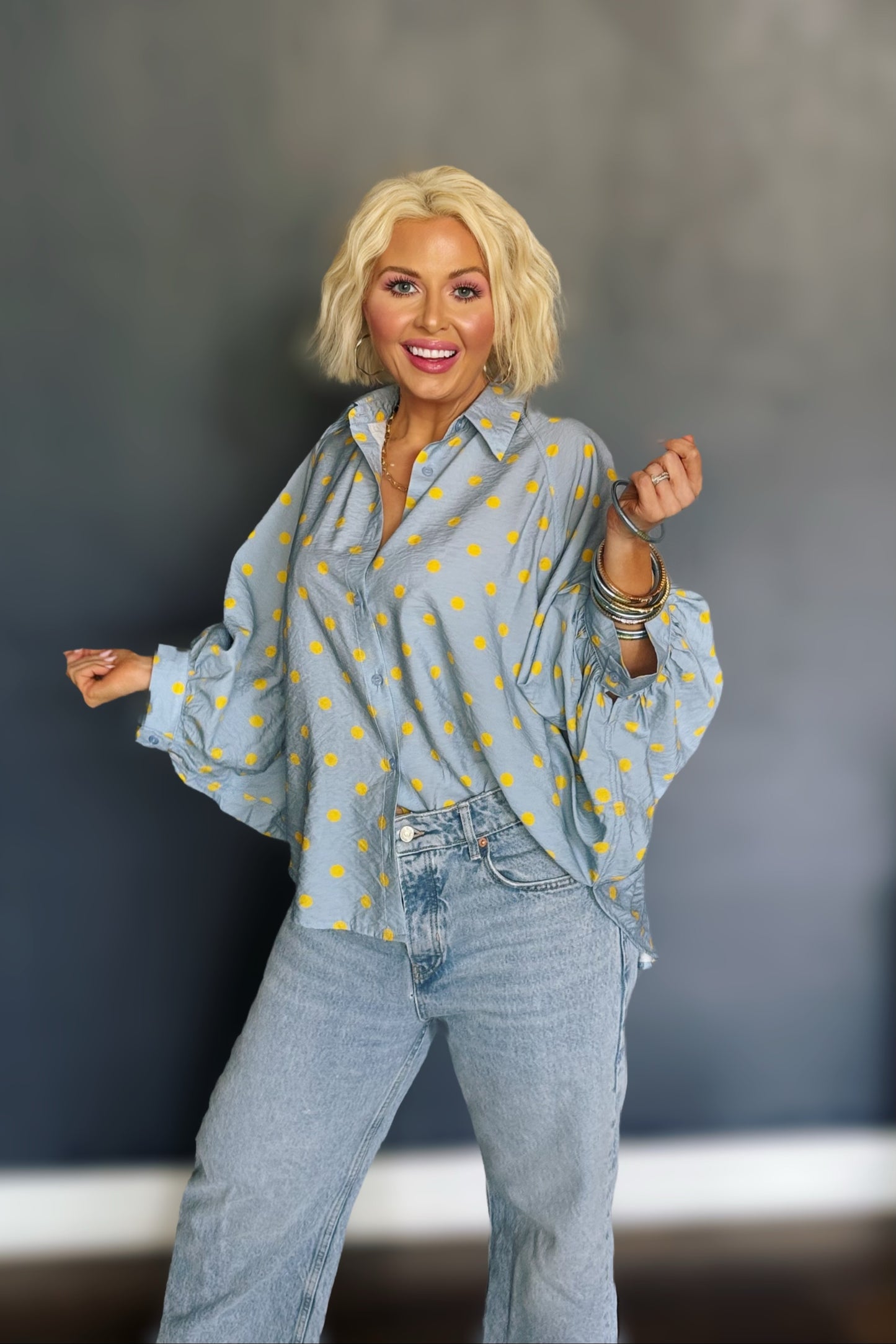 Freshly Picked Pale Blue Oversized Button-Down Polka Dot Blouse