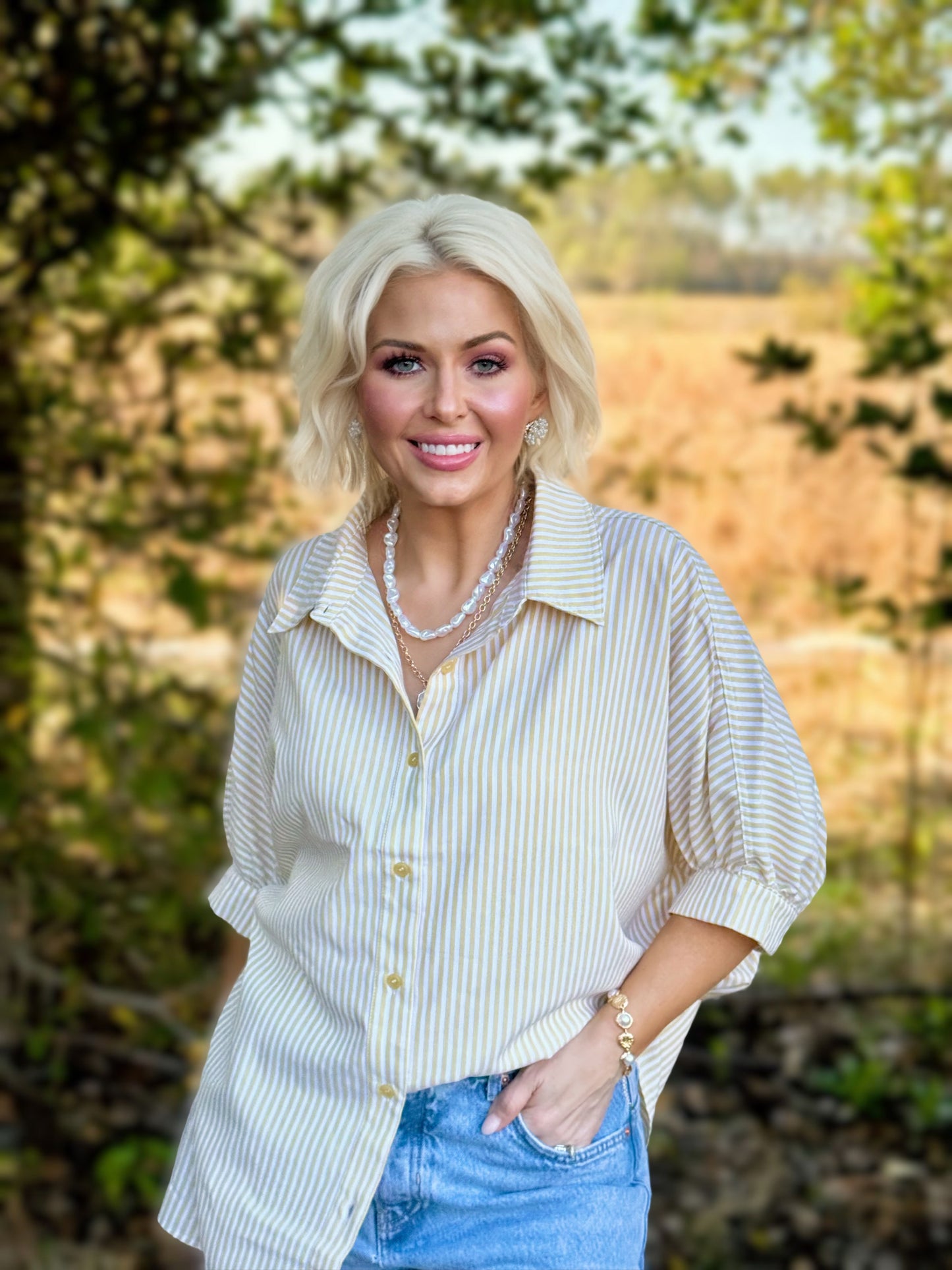 Spring Stripe Society Top: Creamy Yellow Striped Button-Down Relaxed Shirt