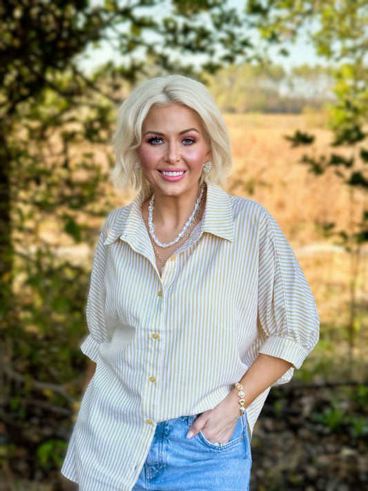 Spring Stripe Society Top: Creamy Yellow Striped Button-Down Relaxed Shirt