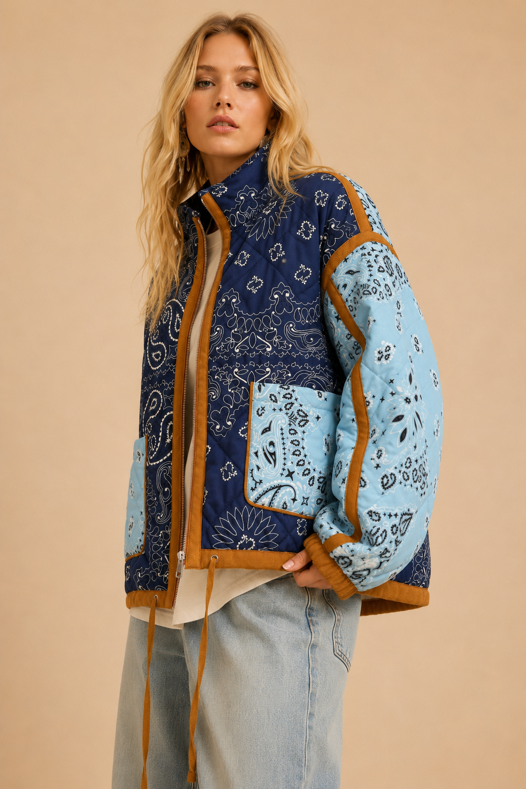 Blue Patchwork Bandana Quilted Jacket