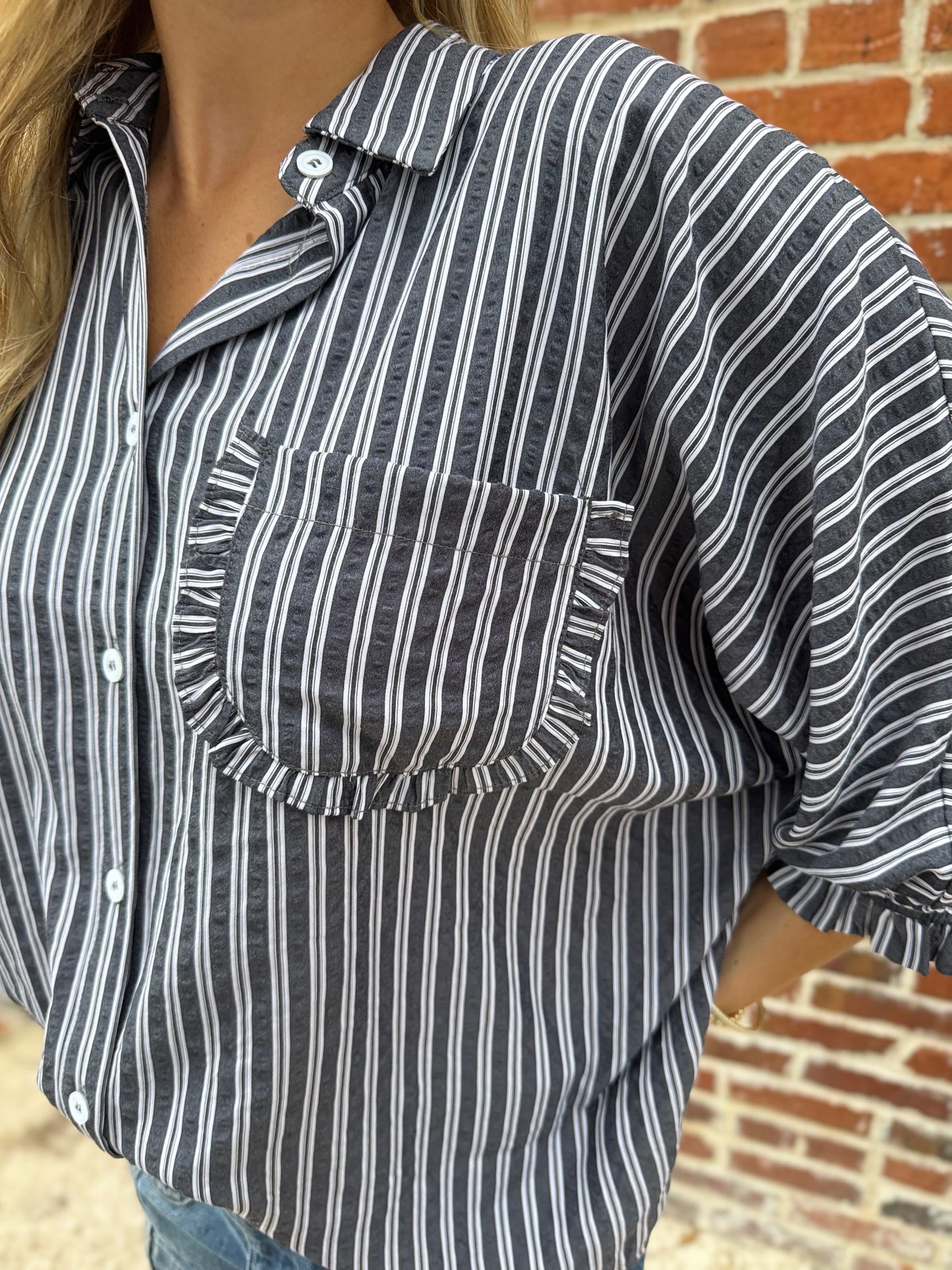 Black Striped Button Down Oversized Blouse