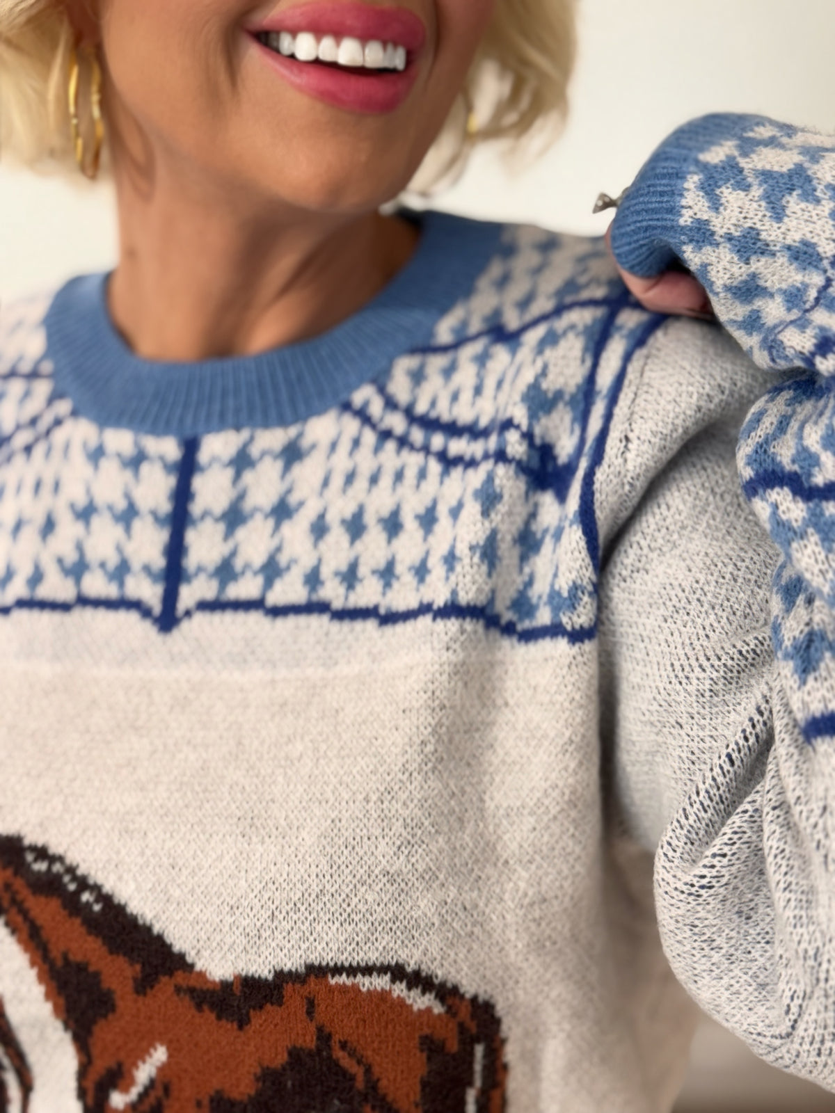 Dusty Blue Horse Motif Houndstooth Knit Sweater