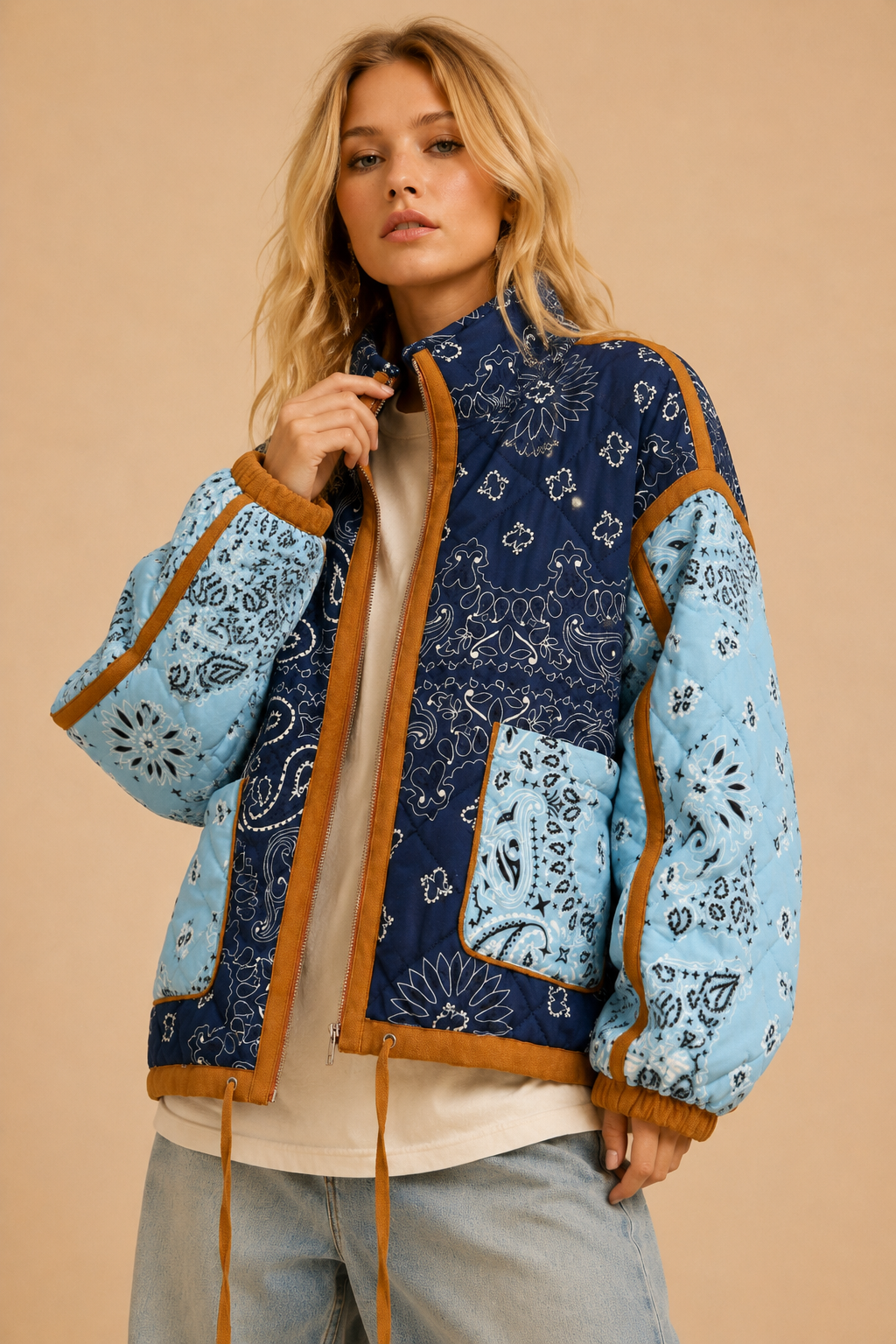 Blue Patchwork Bandana Quilted Jacket