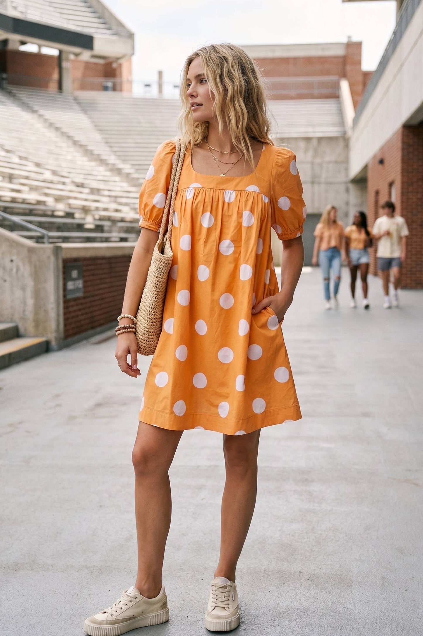 Gameday Polka Dot Puff Sleeve Dress: RED/BLACK / L
