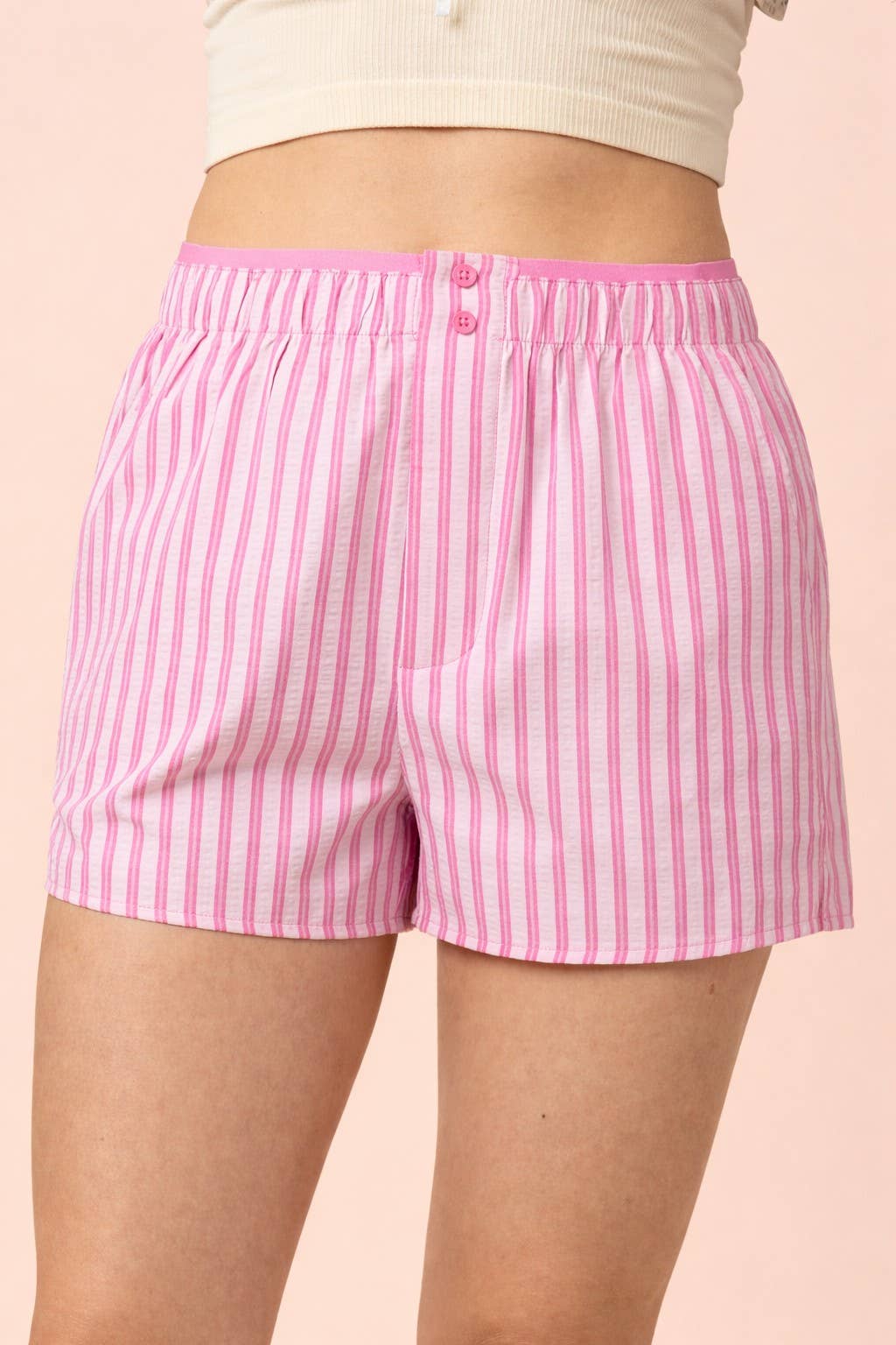 Rosa & Grün Gestreifte Boxershorts für Damen | Lounge-Shorts mit elastischem Bund und Taschen