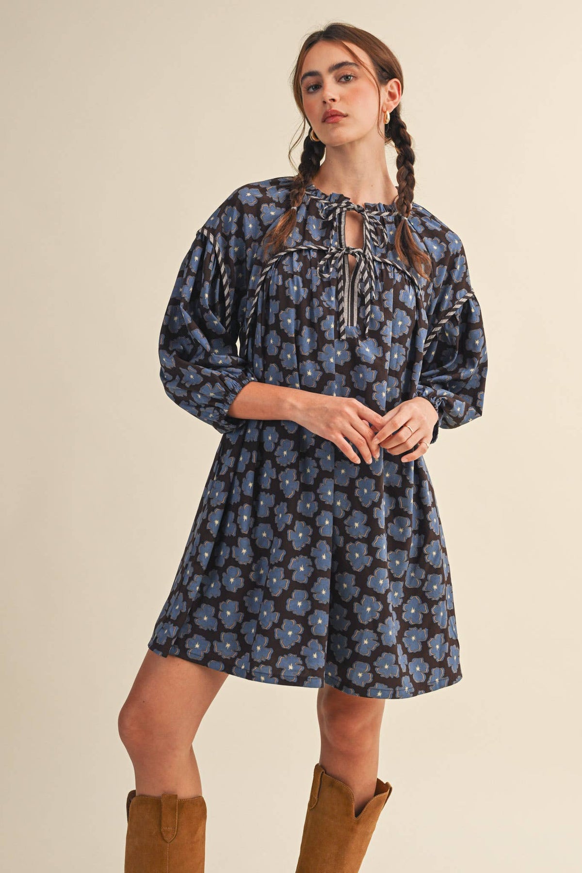 Brown & Blue Floral Tie-Neck Mini Shift Dress