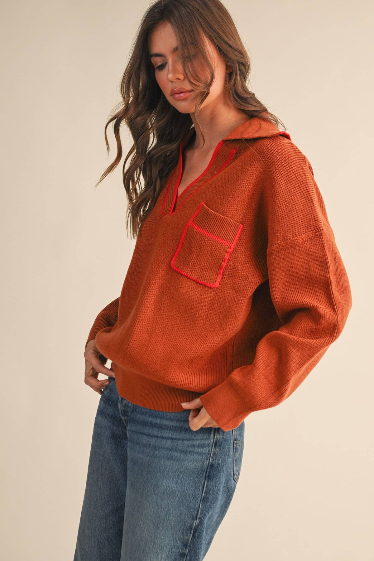 Ginger Ribbed Collared V-Neck Pullover Sweater