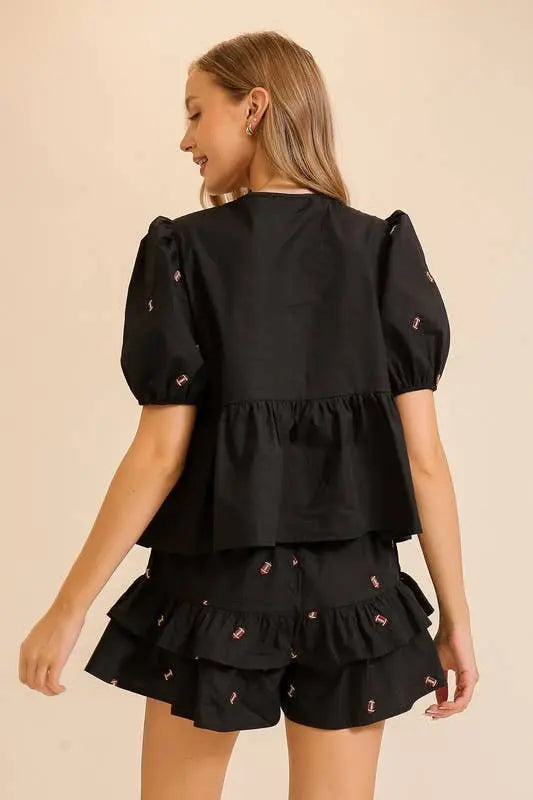 Short Sleeve Tie Top - MN3024: Black / S Twentyten