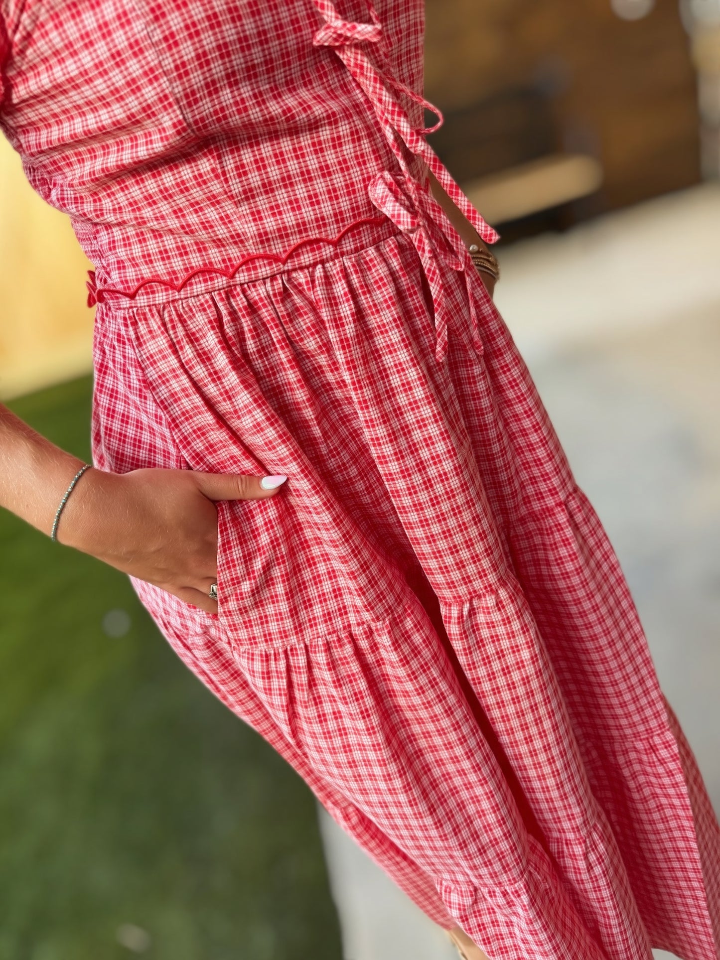 Red Gingham Tiered Midi Dress | Scalloped Strap Smocked Summer Dress