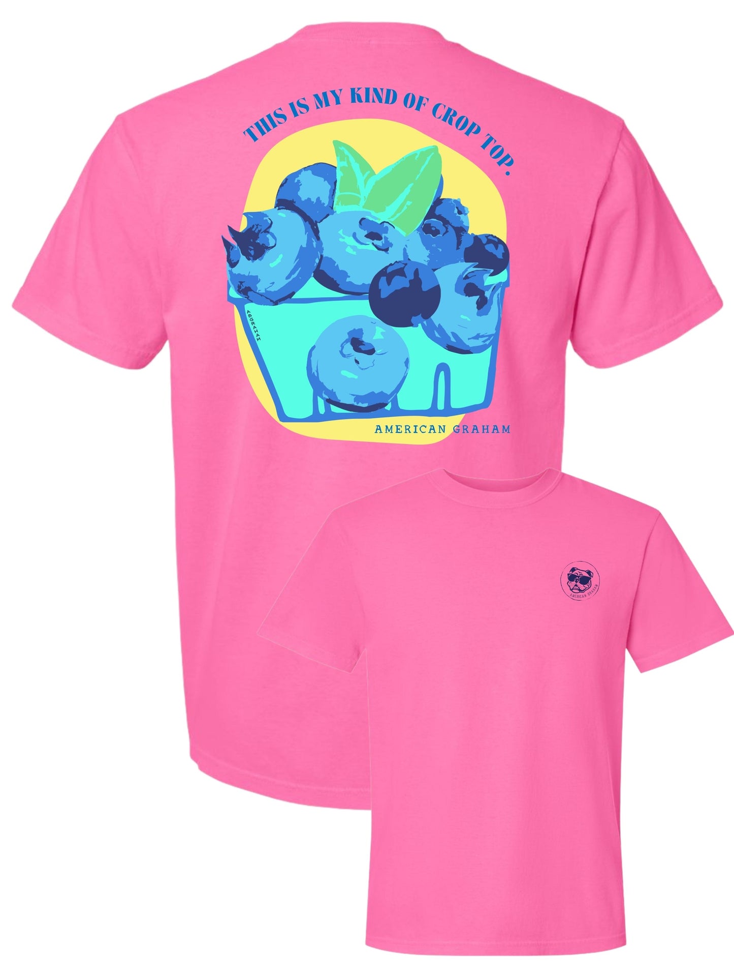 Pink t-shirt with blueberry graphic and text on a white background