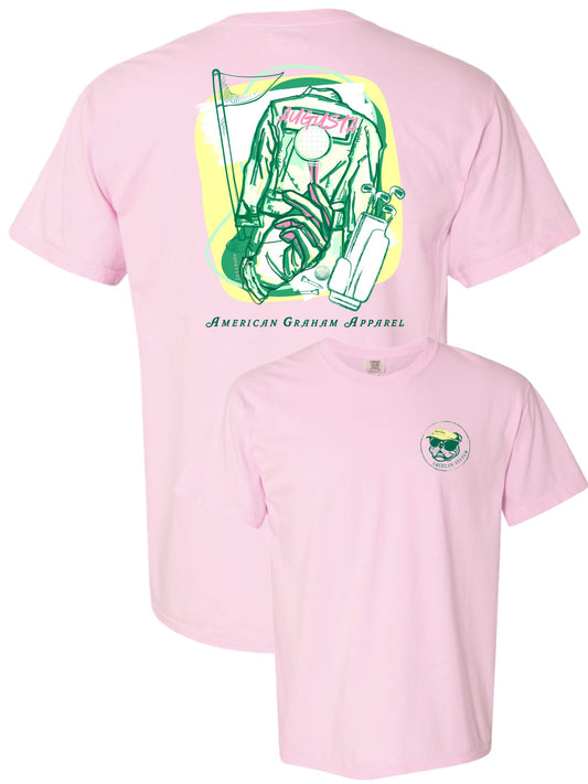 Pink t-shirt with graphic design on the back and logo on the front, featuring American Garment Apparel.