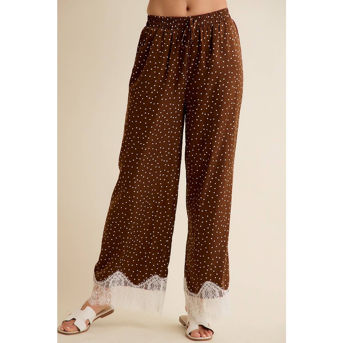 Satin Polka Dot Wide Leg Pants with Lace Trim – Chocolate Brown