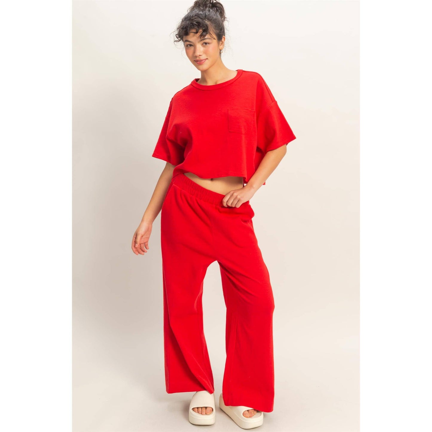 Red Relaxed Crop Tee | Boxy Pocket T-Shirt | Matching Set Top
