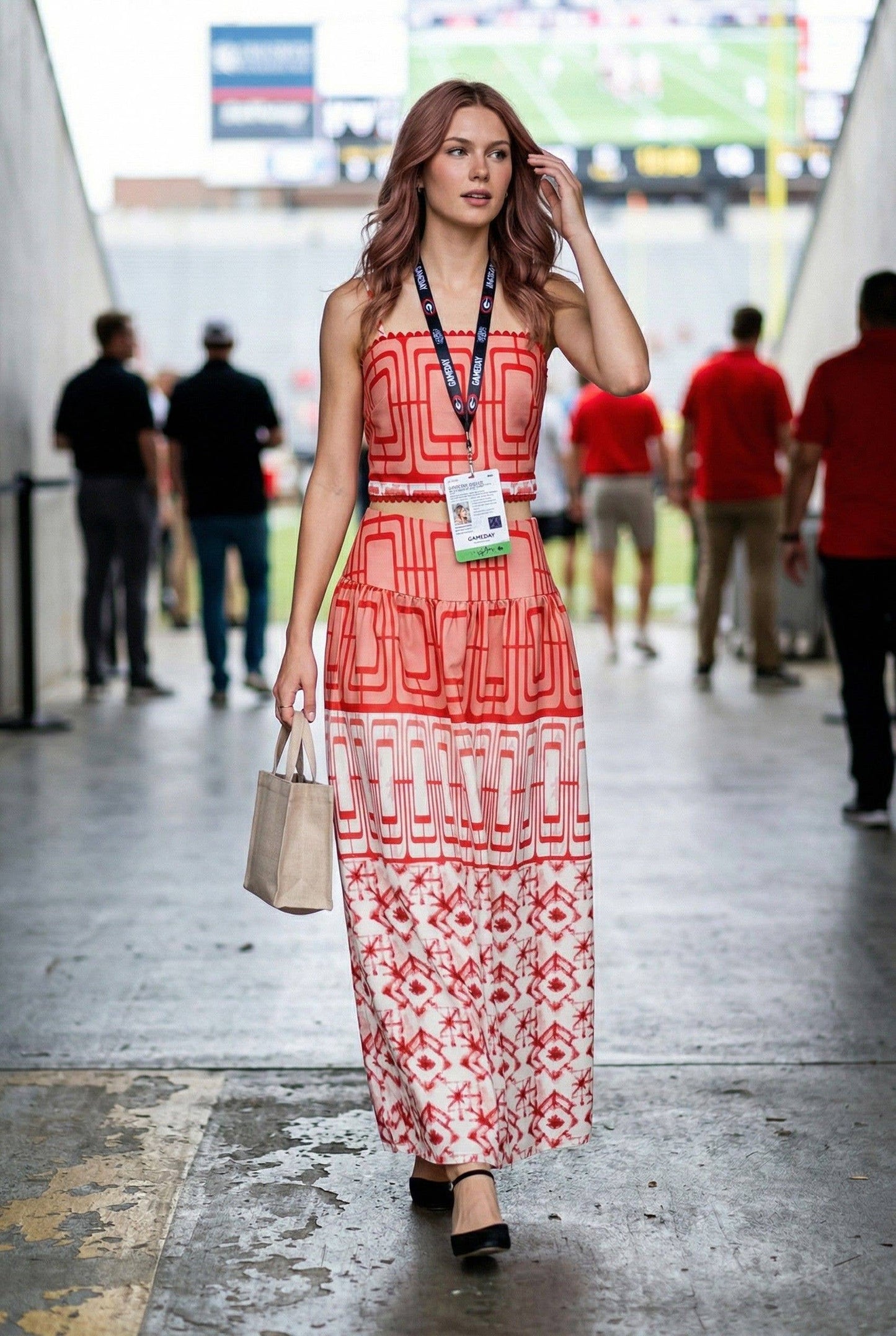 Geometric printed crop top and midi skirt set: RED COMBO / L