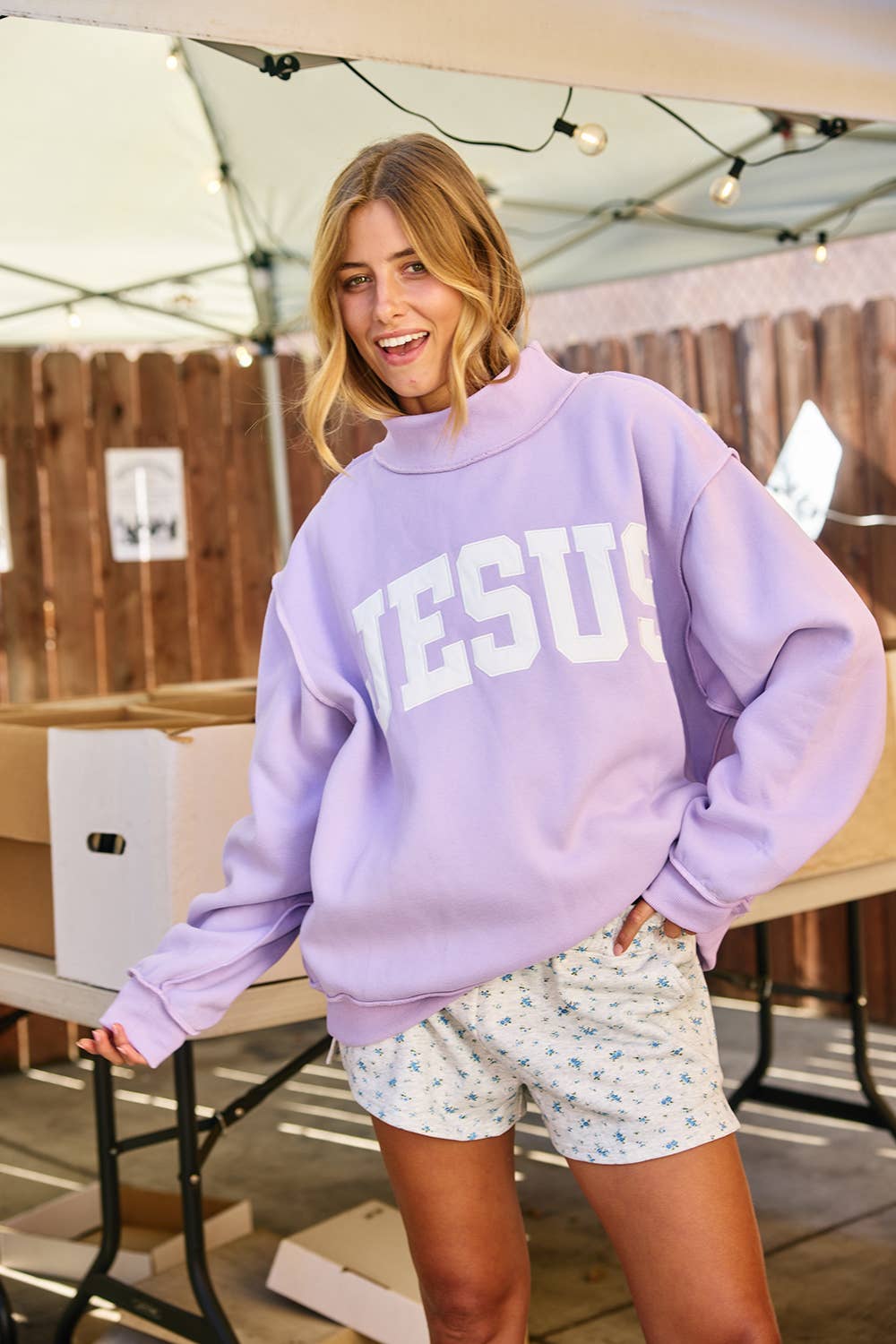 JESUS Embroidered Oversized Lavender Mock Neck Sweatshirt