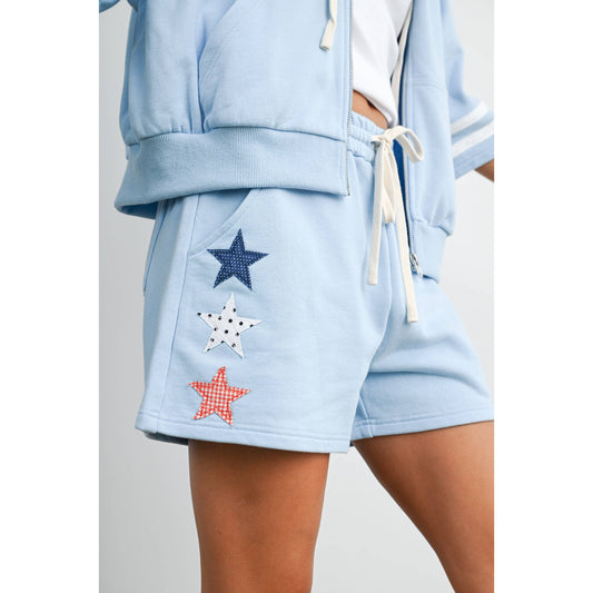 Blue Star Appliqué Lounge Shorts | Women’s Cotton Drawstring Shorts | Casual Summer Shorts with Pockets | Patriotic Lounge Set Bottoms