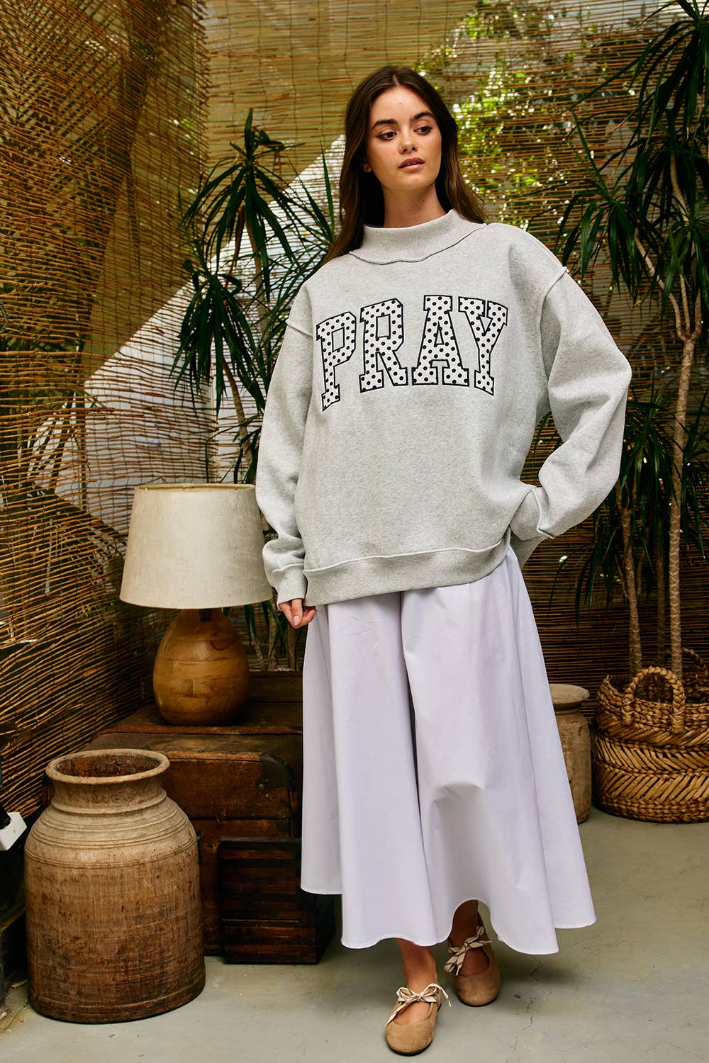 Polka Dot PRAY Appliqué Oversized Mock Neck Sweatshirt