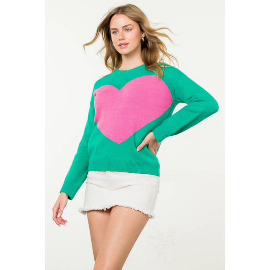 Don't Go Breakin' My Heart: Kelly Green Colorblock Heart Knit Sweater
