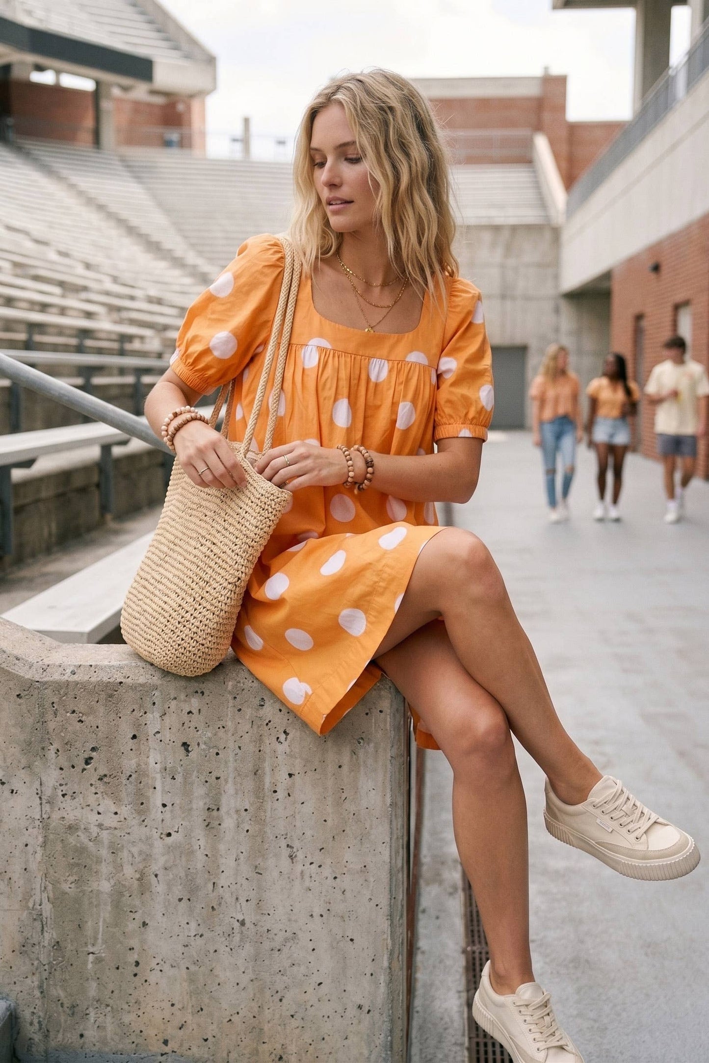 Gameday Polka Dot Puff Sleeve Dress: RED/BLACK / L