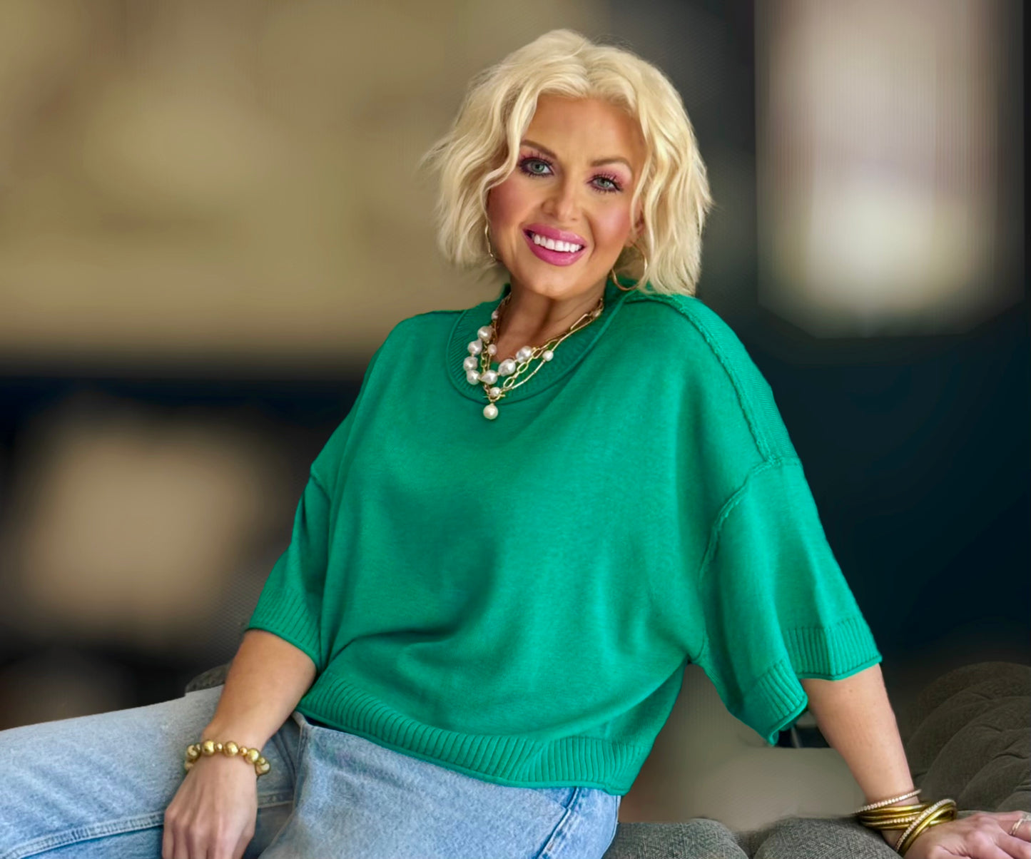 Lawn & Love: Relaxed Fit Round Neck Short Sleeve Kelly Green Knit Top