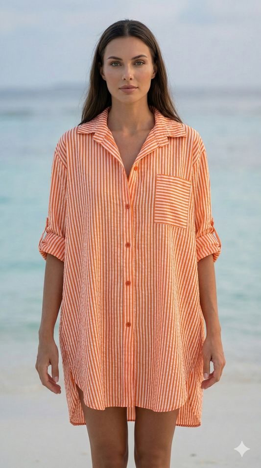 Sunset Stroll Italian Orange Stripe Shirt Dress