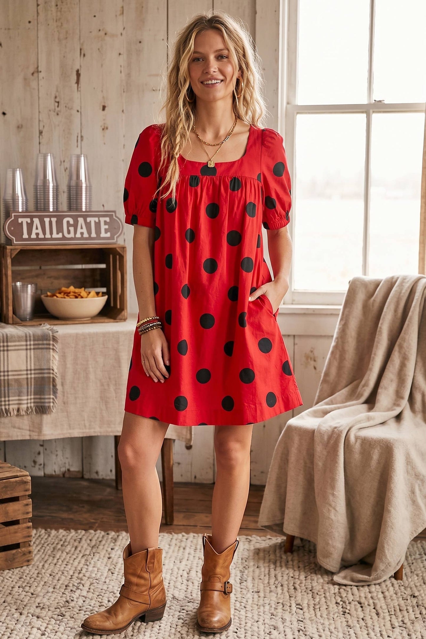 Gameday Polka Dot Puff Sleeve Dress: RED/BLACK / L